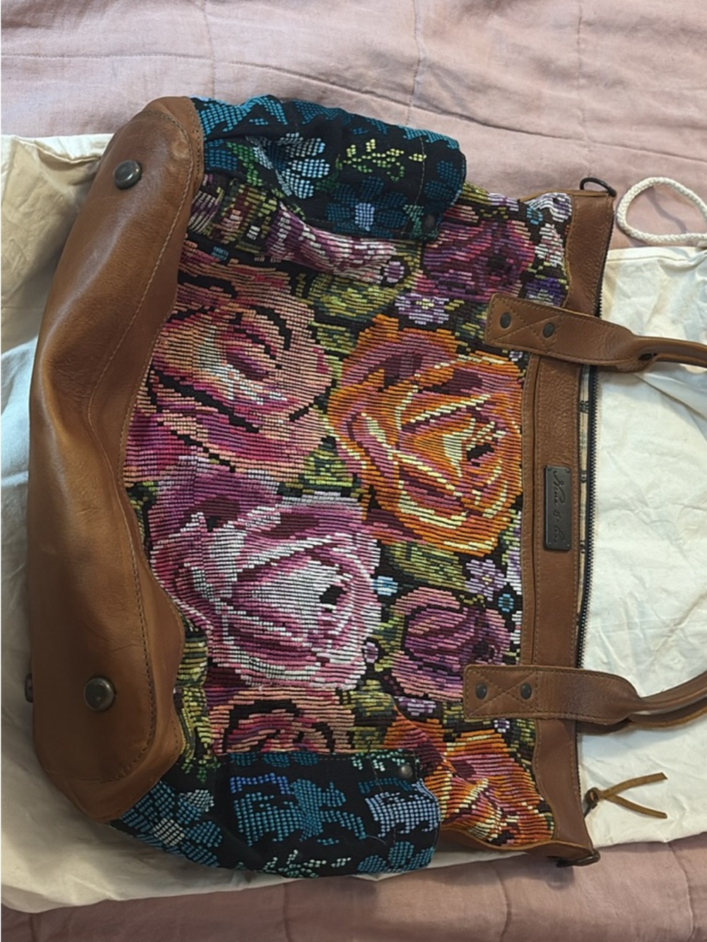 Floral Tapestry Tote Bag with Tan Leather Trim nena and co